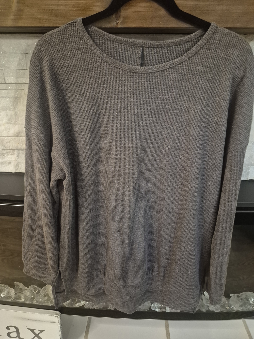 Women's Gray Waffle-Knit Long Sleeve Sweater